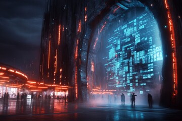 Obraz premium A cyberpunk-inspired scene of a futuristic market where a scanner is identifying people identities with holographic projections glowing in neon blue and purple