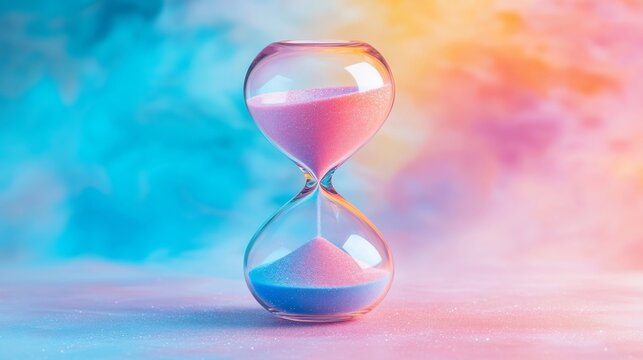 A sleek hourglass with pink and blue sand stands amidst a soft pastel background, symbolizing the passage of time, patience, and life transitions.