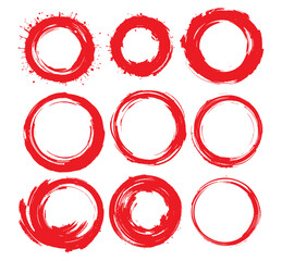 Set Red circle brush stroke vector isolated on white background. Red circle brush stroke. For stamp, seal, ink and paintbrush design template. Grunge hand