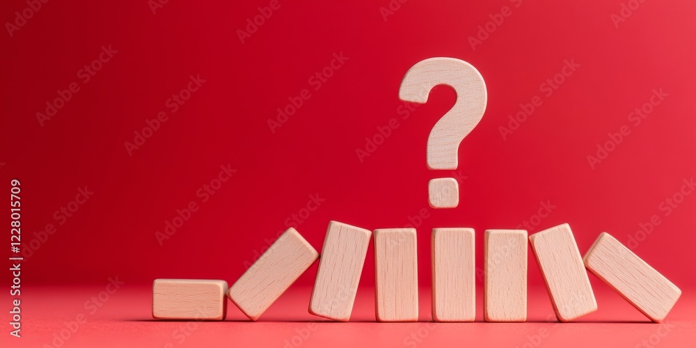 Aufkleber minimalist crisis strategy visualization wooden dominoes and question mark on red - risk analysis in