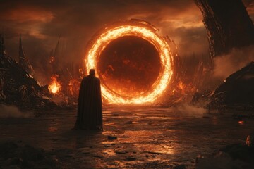 A detailed 3D visualization of a heroic character standing before a massive, glowing portal, greatly ready to embark on an epic journey