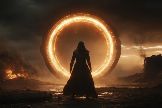 A detailed 3D visualization of a heroic character standing before a massive, glowing portal, greatly ready to embark on an epic journey