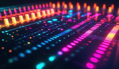 Fototapeta premium Neon Synthwave Audio Mixer: Abstract Digital Music Production Console