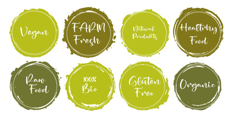3436Vector organic labels, bio emblems for restaurants menu, natural products packaging. Gluten free, vegan fresh raw healthy food, premium quality, locally grown eco friendly insignia stamps collecti