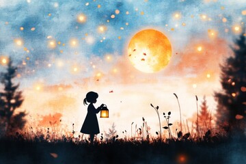 Obraz premium A dreamy watercolor of a child opening a glowing lantern, with fireflies swirling around in a night forest
