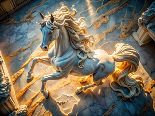 Majestic Marble Horse Sculpture: Aerial Drone Photography, Artistic Illustration