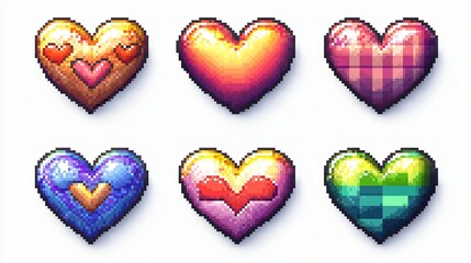 Six Pixel Art Hearts with Various Textures and Patterns Against a Plain White Background.