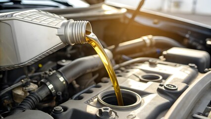Motor Oil Pouring into Car Engine Maintenance - Close-Up Automotive Repair with Golden Liquid Flow, Metallic Textures, and Industrial Aesthetic