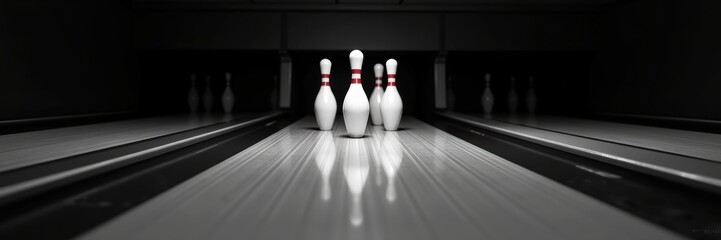 A captivating view of bowling pins poised for a strike, highlighting the excitement of the game in a dimly lit alley. Perfect for sports, entertainment, or leisure themes.