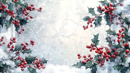 Winter Holly Berries Snow Branches Festive Season Holiday Botanical Nature Decor Still Life.