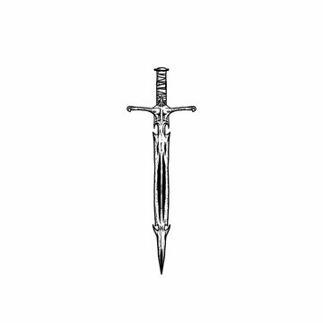 Medieval swords with long blades in engraving hand drawn style. Gothic dark warrior weapons on white background. Vintage vector illustration.