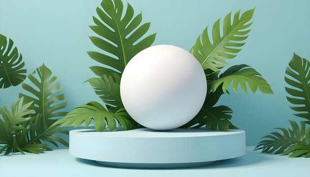 Una plataforma geom&eacute;trica con una esfera blanca y hojas tropicales verdes sobre un fondo claro