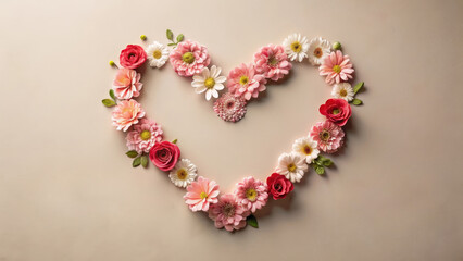 Obraz premium fresh flowers arranged in a heart shape, on a soft pastel background, atmosphere of elegance and simplicity, copy space for inscription