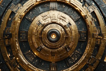 Naklejka premium Abstract circular gold and black metallic technological structure.