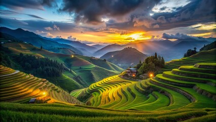 Naklejka premium Majestic Mu Cang Chai Rice Terraces at Mam Xoi Viewpoint, Vietnam - Night Photography