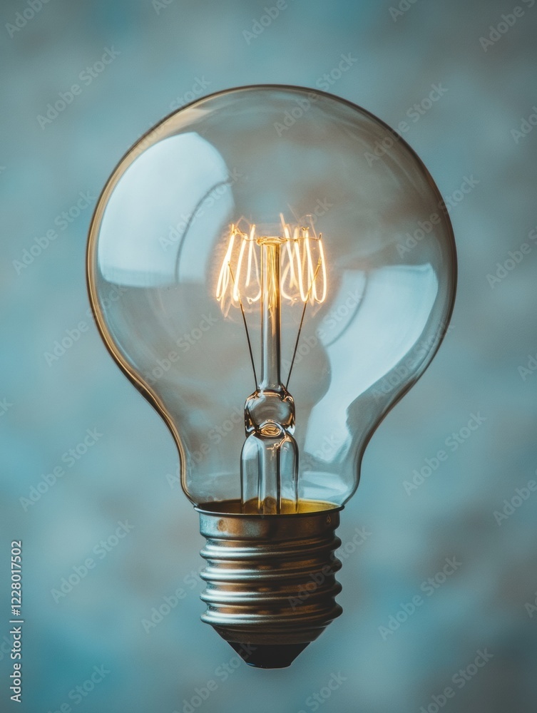 Aufkleber Bright light bulb glowing with filaments against a soft blue background creating a warm ambiance in the space. Generative AI