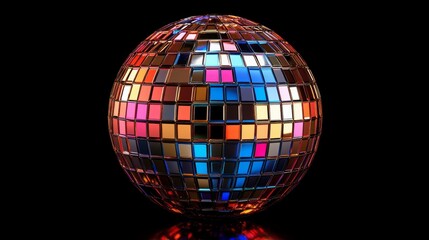 Obraz premium A vibrant 3D sphere made of reflective mosaic squares, displaying an array of colors and reflections, creating a dynamic and captivating visual effect.