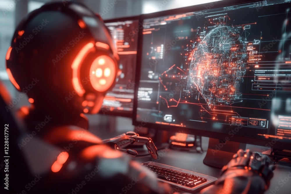 Aufkleber a futuristic scene of a control room where a leader oversees a vast city displayed on a holographic 