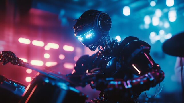 A humanoid robot musician performing in a futuristic jazz club, avant-garde nightlife environment with neon lights and digital soundscapes, Innovative style