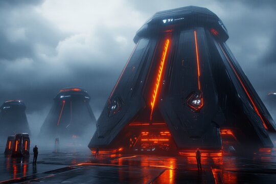 A futuristic cityscape featuring a towering skyscraper glowing brighter than all the rest, greatly dominating the skyline with its innovative design