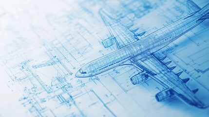 Blueprints showcase detailed design of an airplane structural components and engineering elements for advanced aviation. Generative AI