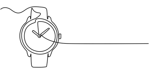 Watch line art drawing, chronograph watch icon, hand watch icon continuous one line drawing, Watch Continuous Line Art Illustration, Vector illustration of hand watch isolated on white background. 