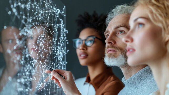 Urban Collaborative Workspace Design Diverse Professionals Engage with Digital Transparency in Modern Business Hub Enhancing Team Collaboration and Innovative Communication