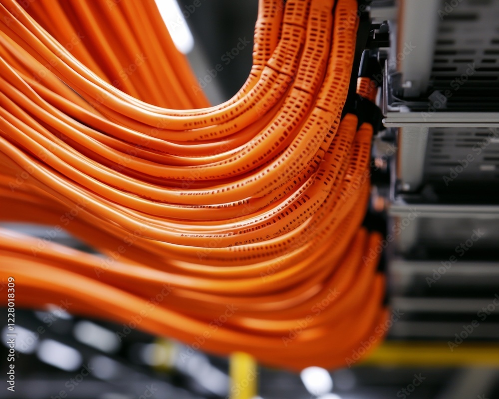 Aufkleber industrial tech aesthetic vibrant orange cabling in warehouse data center - modern it infrastructure
