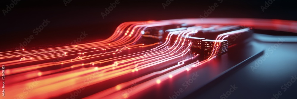 Poster Futuristic Circuit Visualization Neon Red Light Trails on Sleek Metallic Surface - Cutting-Edge Tech Content and IT Solutions Marketing for Network Diagnostics