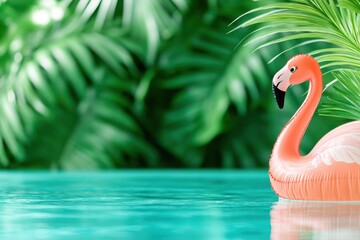 Obraz premium Tropical setting featuring a vibrant inflatable flamingo floating in sparkling turquoise water surrounded by lush green foliage