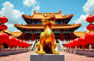 Fototapeta premium A golden dragon statue stands before a lively Chinese temple adorned with red lanterns under the sunlight