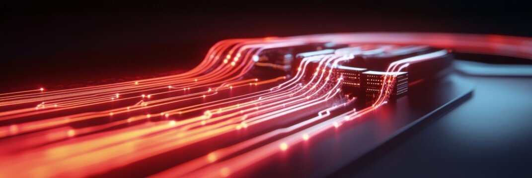 Futuristic Circuit Visualization Neon Red Light Trails on Sleek Metallic Surface - Cutting-Edge Tech Content and IT Solutions Marketing for Network Diagnostics - Powered by Adobe