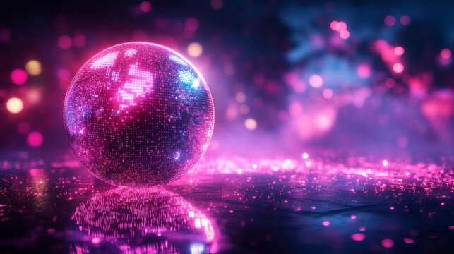 A disco ball in vibrant pink sparkles under colorful lights in a dreamy atmosphere, with reflections casting a mesmerizing glow, symbolizing fun and nostalgia.