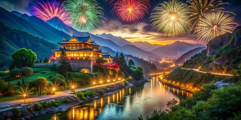 Majestic Palace Mosaic: Fireworks over Mountain River
