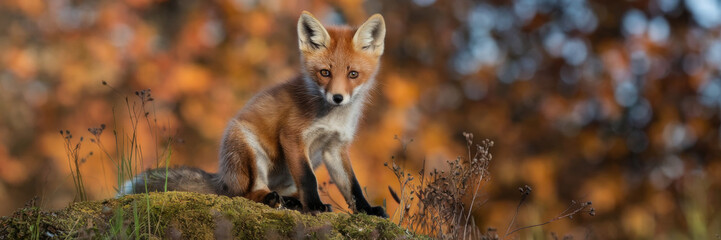A banner with the image of a red fox cub. The fox cub is sitting on a moss-covered hillock, his paws gently touching the vegetation. In the background is a blurred image of autumn foliage.