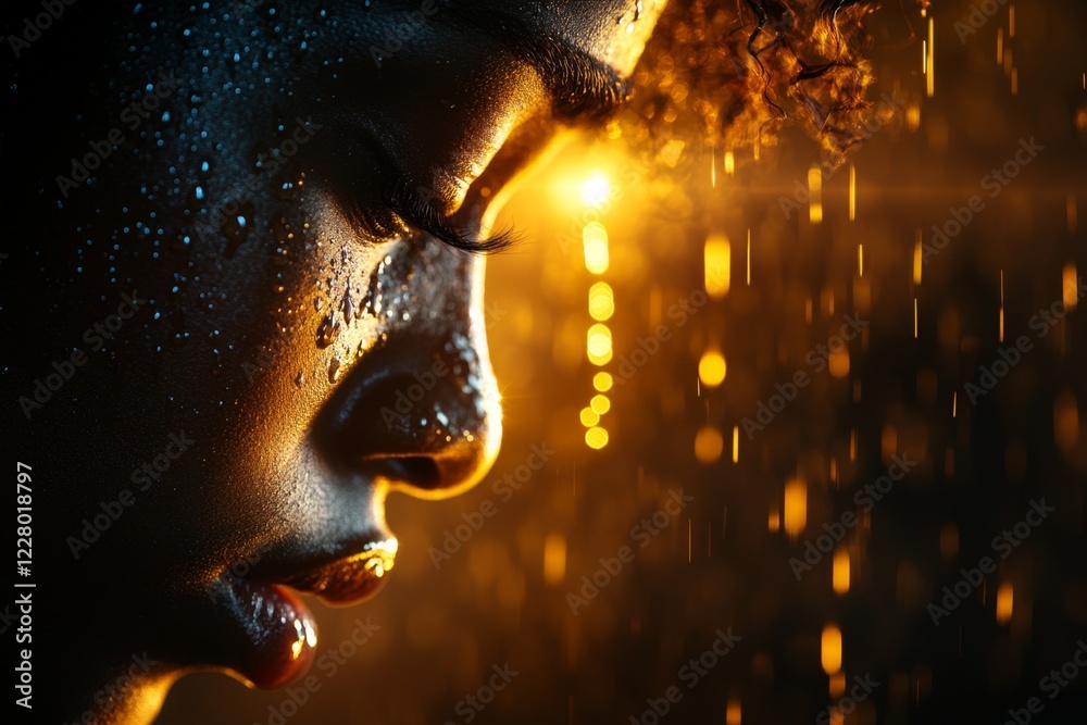 Poster a hyper-realistic close-up of a tear rolling down a cheek, greatly reflecting raw emotion as the fac