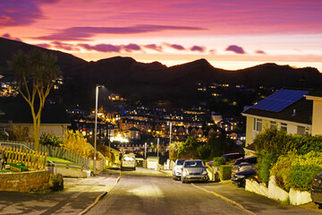 Skyline of Ilfracombe in North illuminated at dusk