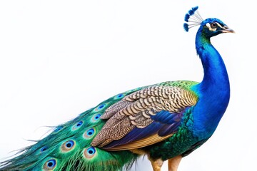 Obraz premium Majestic Peacock with Vibrant Blue Plumage, Isolated on White Background - Stock Photo