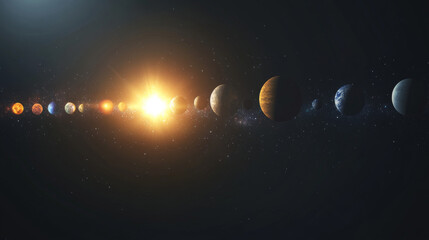 Stars and planets forming a celestial orchestra, emitting light and color in harmony, creating a cosmic symphony visible across the galaxy. 