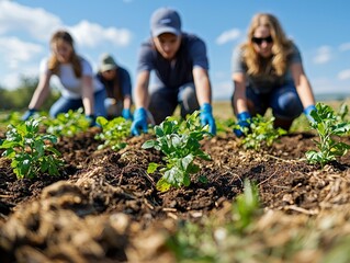 Diverse Group Planting Saplings in Hopeful Open Field Under Bright Sky