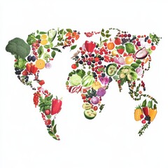 Naklejka premium A colorful map of the world made of vegetables and fruits