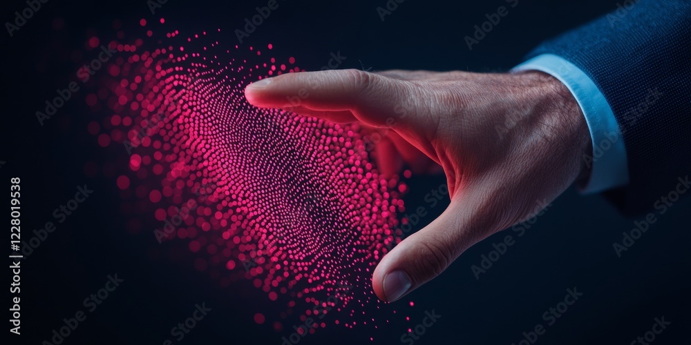 Poster Digital Touch Interface Aesthetic Male Hand in Formal Suit Interacts with Abstract Data Sphere - Cutting-Edge IT Solutions and Advanced Computing for Business Innovation