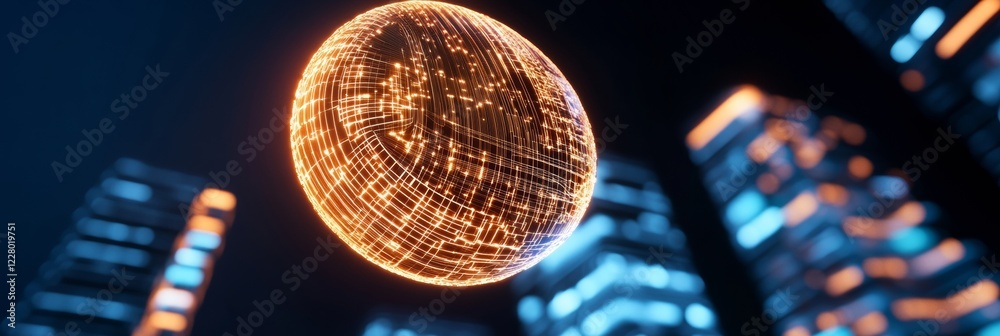 Poster futuristic financial skyline neon-edged skyscrapers with digital coin - urban design and blockchain 