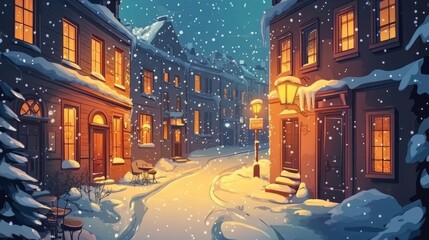 Quiet winter city street corner urban cityscape background with snow, buildings. cafe door, windows, old walls and view on central illuminated road and dusk evening sky, Cartoon vector illustration