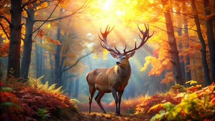 Majestic Red Deer Stag with Antlers in Canadian Autumn Forest - Aerial View