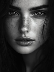 Fototapeta premium Portrait of a young woman with striking blue eyes against a neutral grey background. Her confident and vibrant gaze captures the viewer.