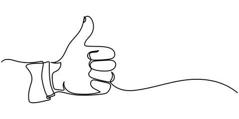 Thumb up in one continuous line drawing. Hand showing like and great sign in simple linear style. Finger up symbol in editable stroke. Doodle vector illustration, One continuous line drawing of like. 