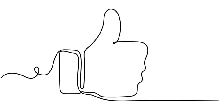 Thumb up in one continuous line drawing. Hand showing like and great sign in simple linear style. Finger up symbol in editable stroke. Doodle vector illustration, One continuous line drawing of like. 