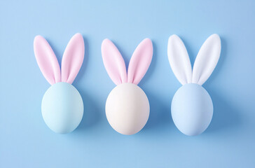 Cute Easter Eggs with Bunny Ears on Blue Background: Creative Holiday Composition