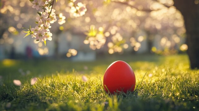 A red egg is sitting on the grass in a field of flowers. The scene is peaceful and serene, with the egg as the focal point - Powered by Adobe
